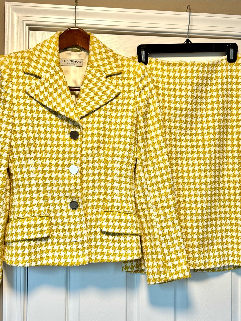 Dolce & Gabbana Yellow and White Houndstooth Skirt Suit - Size 40 ITA / US 4